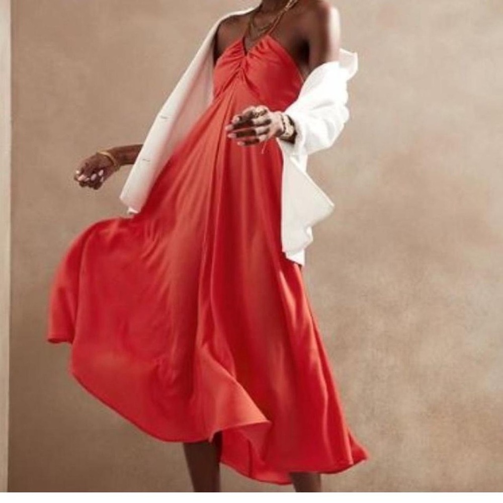 Banana Republic SL Rouched Halter Midi Dress Poppy Seed Red 821414-00 Small